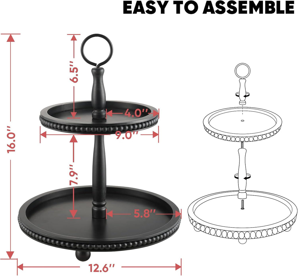 Beaded Tiered Tray Stand, Rustic Wooden 2 Tier Decorative Tray with Bead Garland, Farmhouse Round Wood Serving Tray