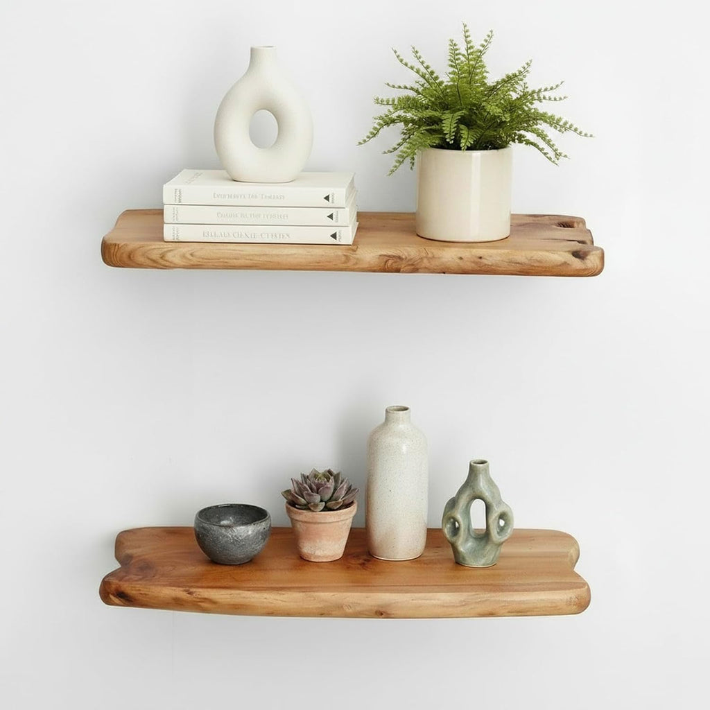 16" Live Edge Cedar Floating Shelves, Set of 2 | Each shelf measures approximately 15.75" W × 7.87" D × 1.25" H
