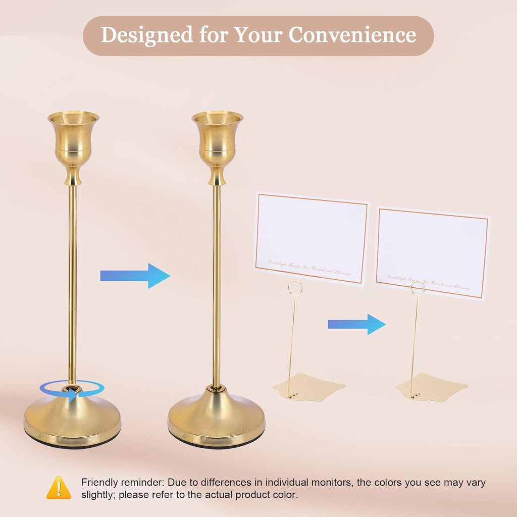 Candle Holders Set - 6 Metal Tall Candlestick Holders & 2 Label Holders & 5 Greeting Cards for Banquet Centerpieces