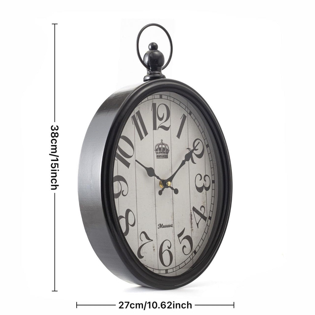 Oval Large Wall Clock Silent Non-Ticking Metal Battery Operated Retro Antique Design Rustic Vintage Style Decor