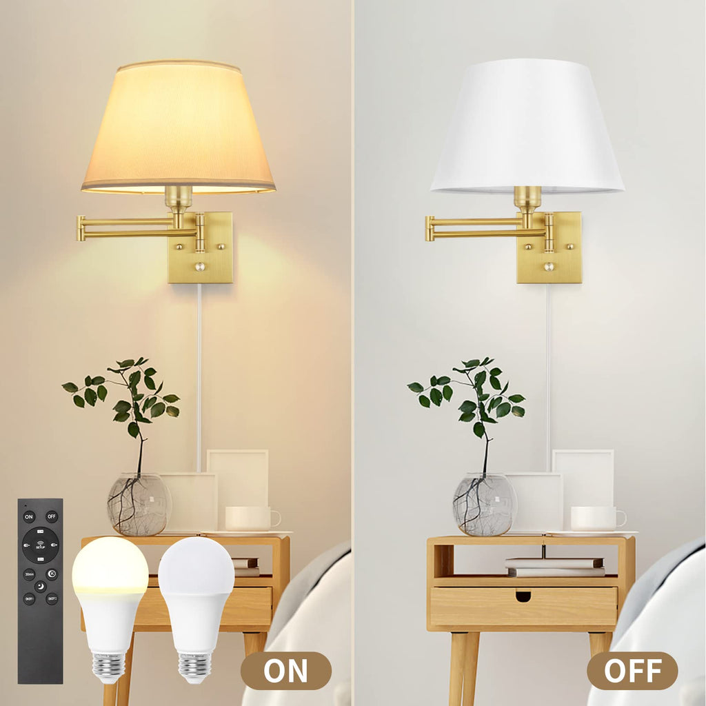 Remote Control Dimmable Wall Sconce, Adjustable Color Temperature 2700K-6500K Brushed Brass Swing Arm Wall Lights