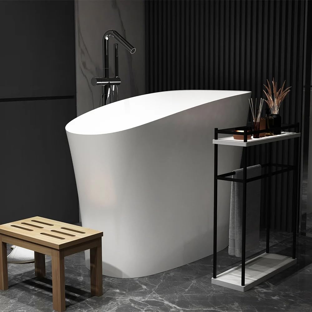 47" Japanese‑Style Irregular Freestanding Soaking Bathtub, Modern White Stone Resin Deep Soaker Tub with Built‑in
