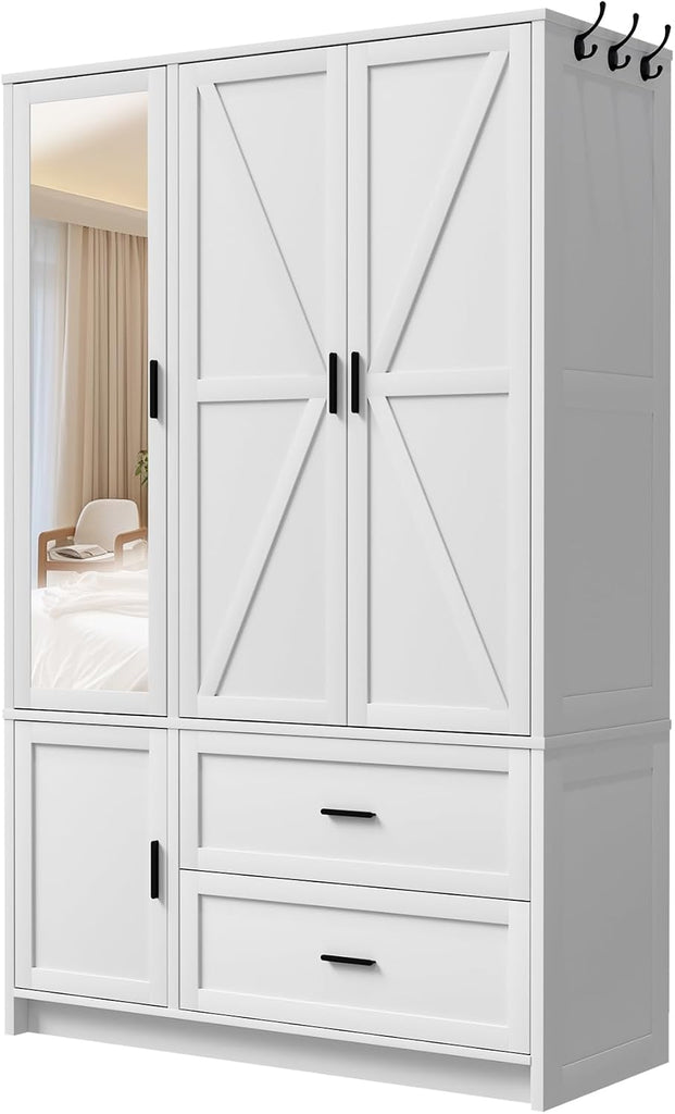 Wooden Wardrobe Closet Armoire with 3 Doors, White Storage Cabinet with Mirror and Led Lights, Bedroom Large Capacity