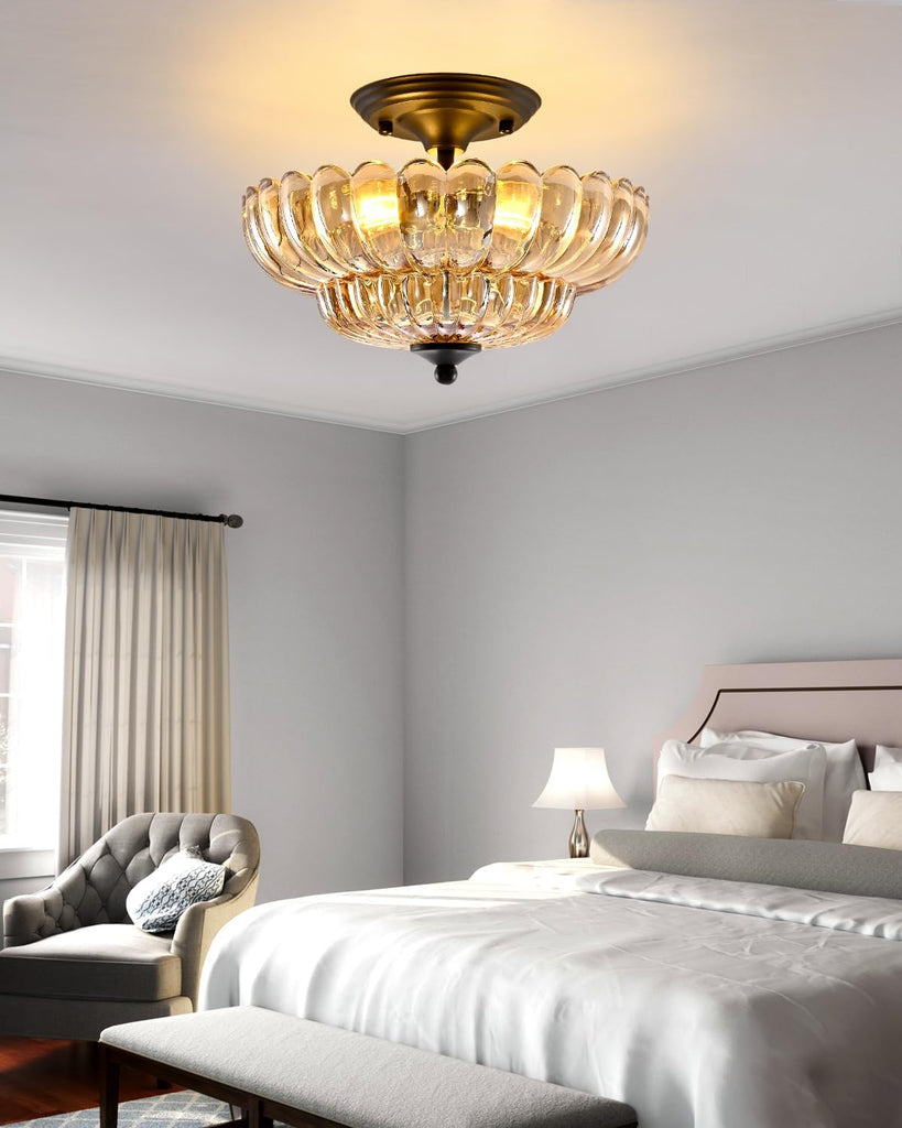 Black Semi Flush Mount Ceiling Light with Amber Glass Shades, 3-Light Modern Farmhouse Chandelier , and Entryway