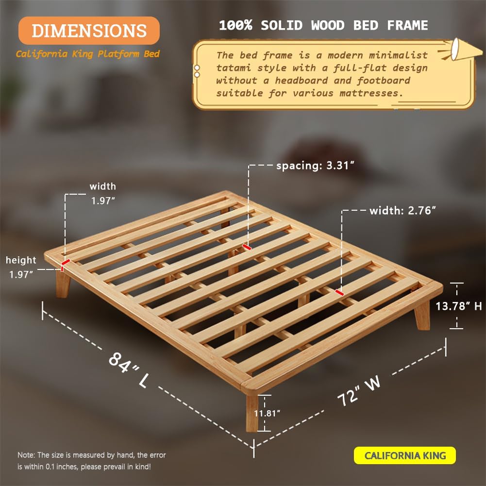California-King Wood Platform Bed Frame, 14 Inch Bed Base, Oak