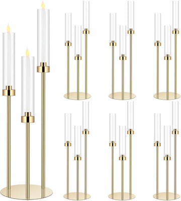 6 Set Wedding Gold Candelabra Centerpieces for Tables, 3 Arm Tall Acrylic Candle Holder Centerpiece with Clear Shades