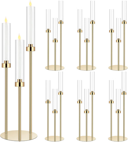 6 Set Wedding Gold Candelabra Centerpieces for Tables, 3 Arm Tall Acrylic Candle Holder Centerpiece with Clear Shades