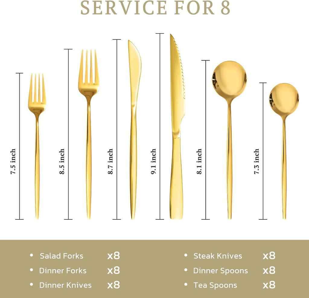 Silverware Set 48-Piece Gold Flatware Set with Steak Knives Food-Grade Stainless Steel Cutlery Set for 8 Mirror