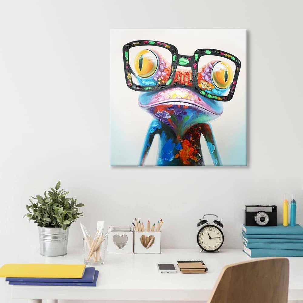 Frog Canvas Wall Art Colorful Animal Painting Pictures Happy Frog with Glasses Oil Painting Modern Framed Artwork