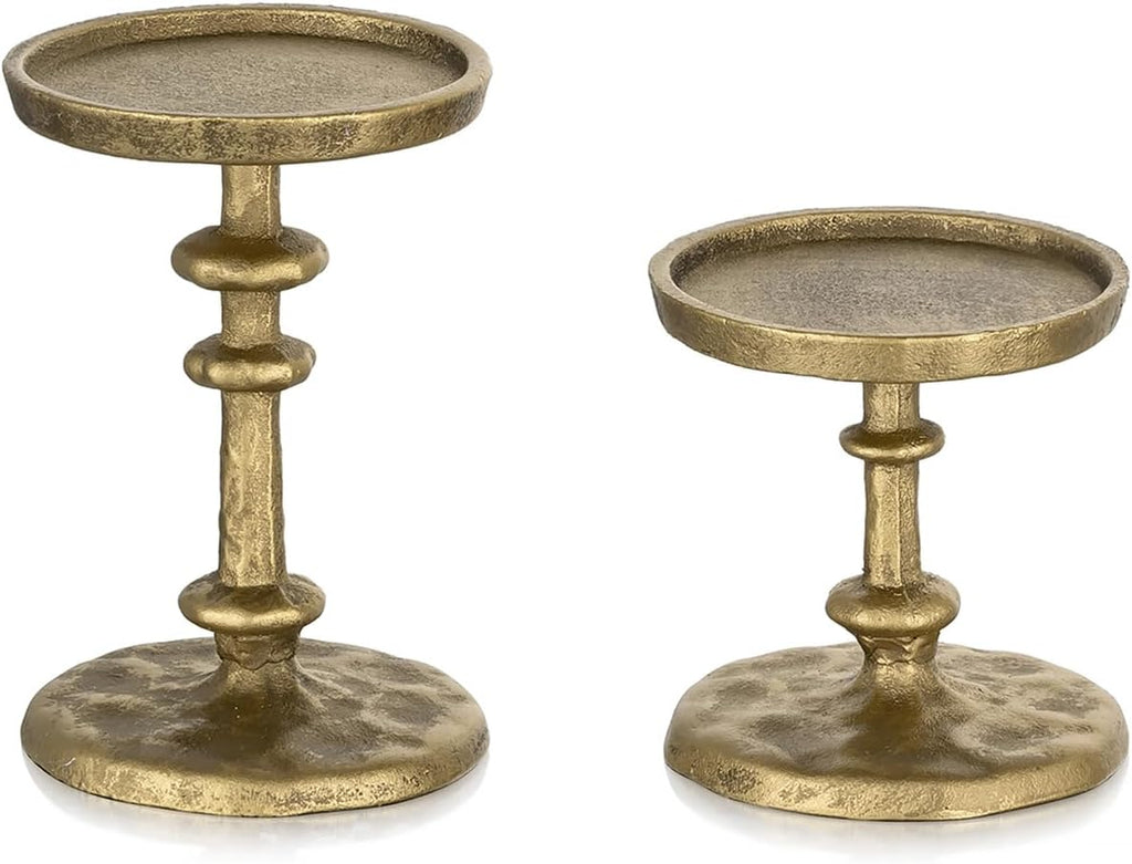 Gold Candle Holders for Pillar: Antique Brass Cast Iron Candle Stand | Handcrafted Hammered Decor for 3 Inch Pillars
