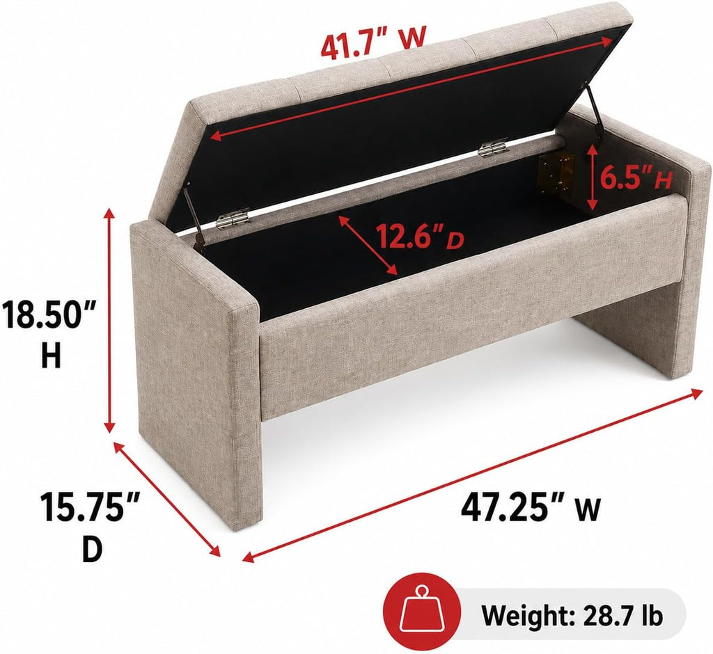 47.25 Inch Storage Ottoman Bench, Linen Upholstered, Light Taupe