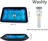 22" Blue Bathroom Vessel Sink,Rectangle Tempered Glass Washing Sink Bowl with Faucet And Drain, Artistic Bowl Sinks