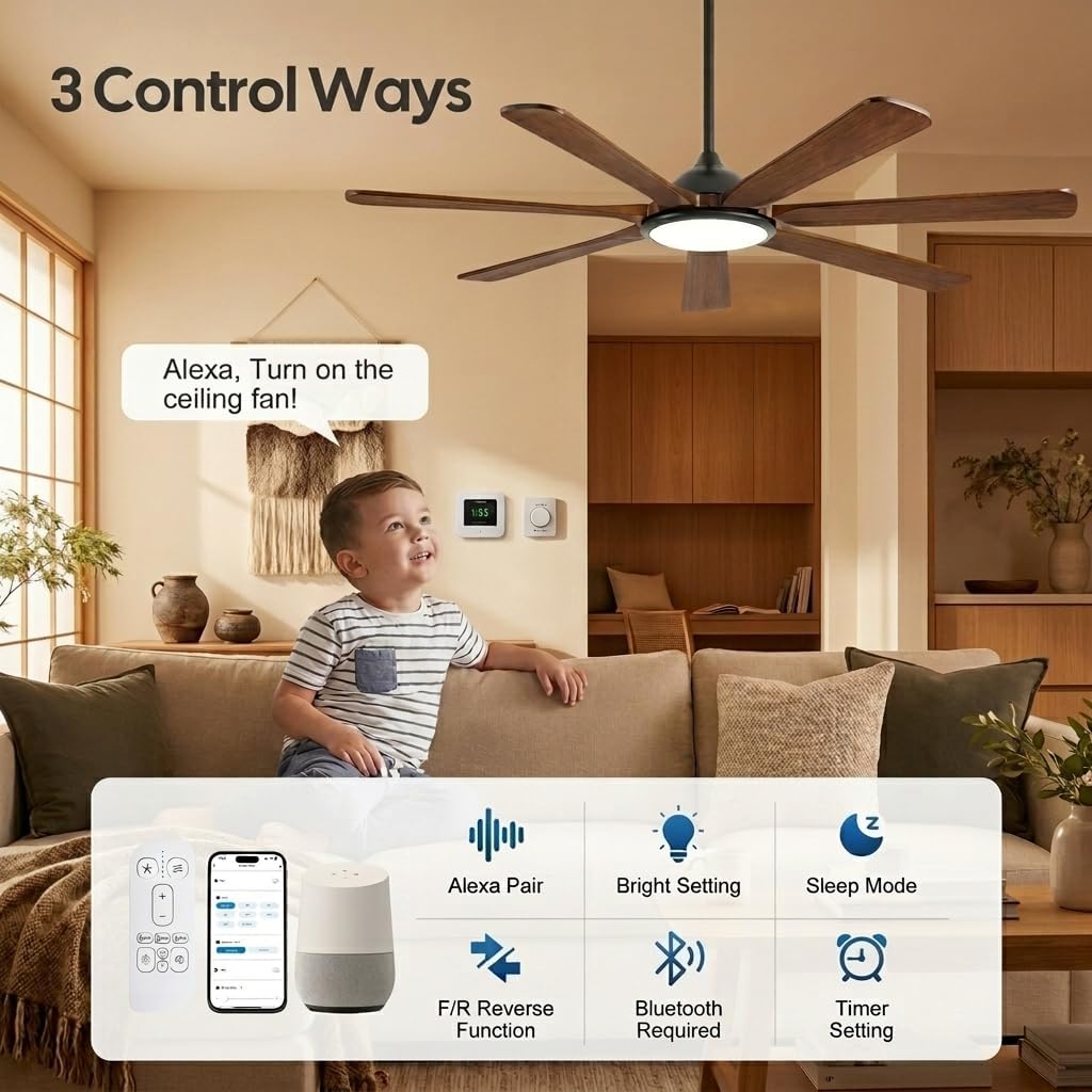60 inch Smart Ceiling Fan with Light,Rustic Farmhouse 7 Solid Wood Blades