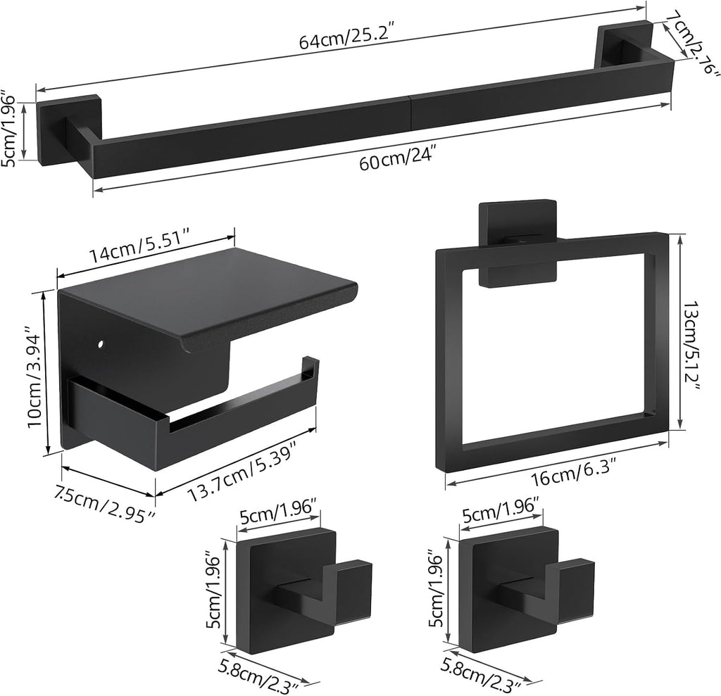 5-Pieces Matte Black Bathroom Hardware Accessories Set, 24 Inch Stainless Steel Towel Racks , Towel Bar Set Towel
