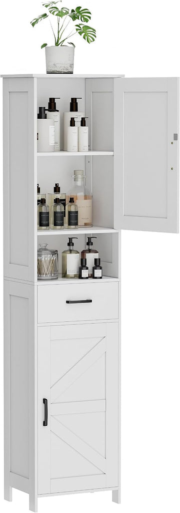 67" H Tall Bathroom Storage Cabinet with Barn Doors and Drawer | Narrow Storage Unit with Adjustable Shelves, Floor