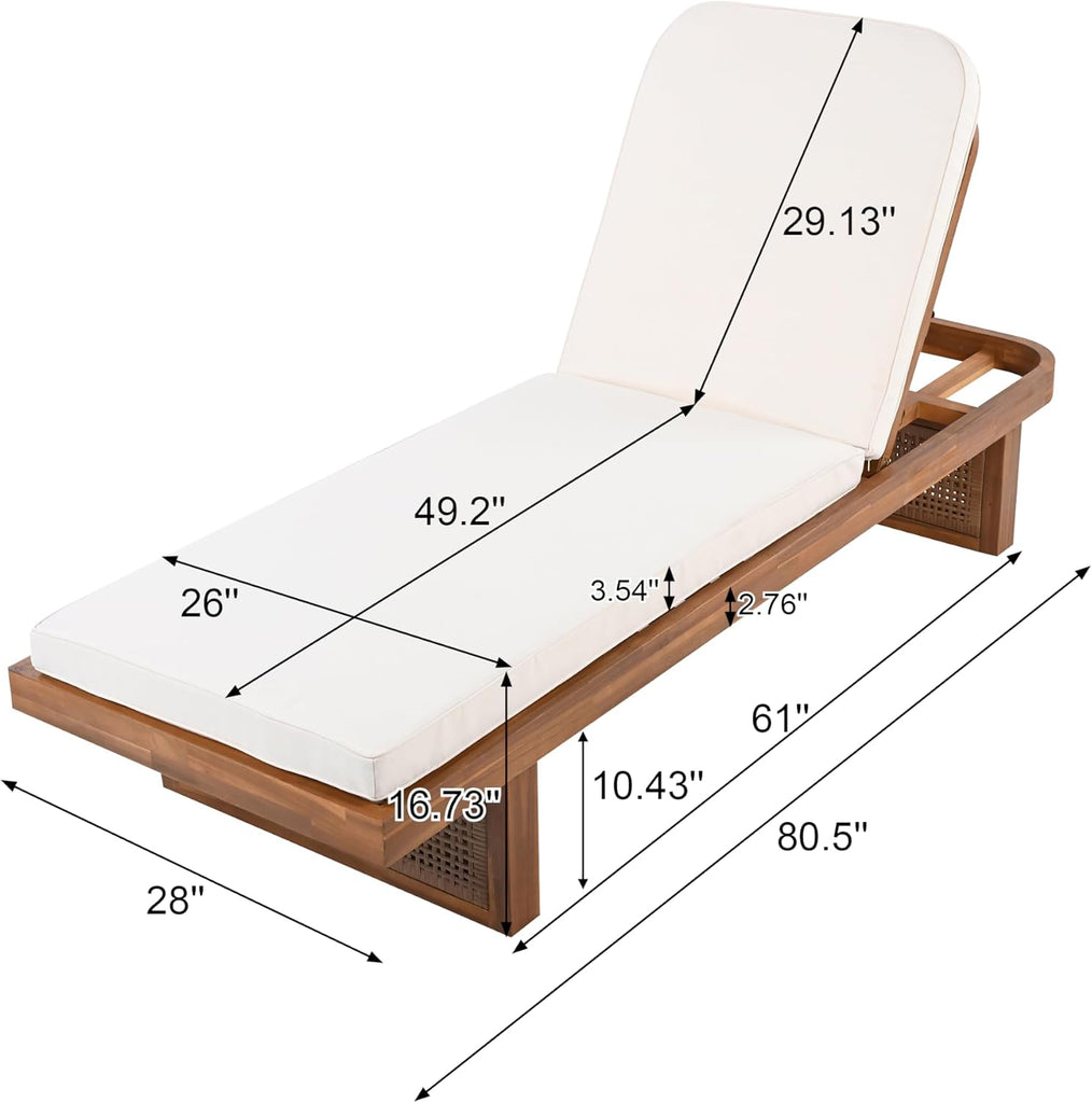 Acacia Wood Patio Chaise Lounge with Cushion, Outdoor Patio Sun Lounger Recliner Chair, Adjustable Backrest