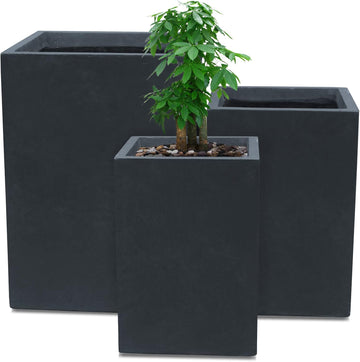 Set of 3 Charcoal Concrete Tall Planters 13" 11" 13" Dia | Drainage for Outdoor, Rubber Plug for Indoor Home