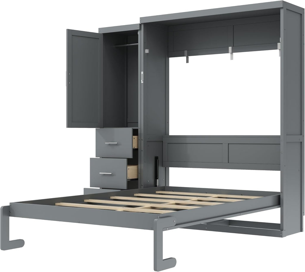 Full Murphy Bed with Storage Cabinet, Foldable Space-Saving Wood Wall Bed Frame with Wardrobe and 3 Drawers, Hidden