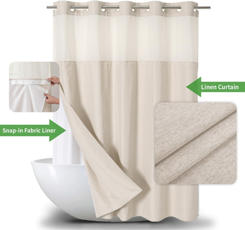 No Hooks Polyester Textured Shower Curtain with Snap-in Fabric Liner Set, Hotel Luxury Decor Shower Curtains with See