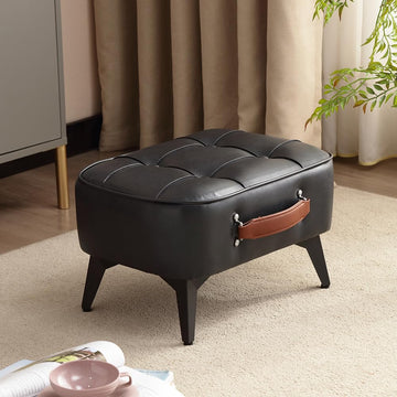 Vintage Style Faux Leather Ottoman Footstool - Wooden Frame, Upholstered Interior, Multi-Use Footrest (Black)