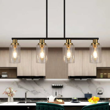 Island Lights, 4-Light Farmhouse Dining Room Light Fixtures Over Table, Matte Black and Gold Linear Chandeliers