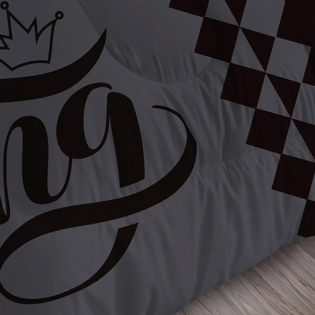 King Queen Crown Comforter Set Black Grey Bedding Set for Teens Women Men Adults Couple Quilt Bedroom Decor