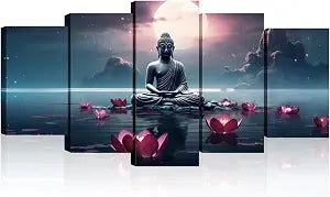 Buddha Canvas Wall Art 5 Piece Zen Wall Decor Pink Lotus Prints Meditation Picture for Yoga Spa Spiritual Room Home - Set of 5