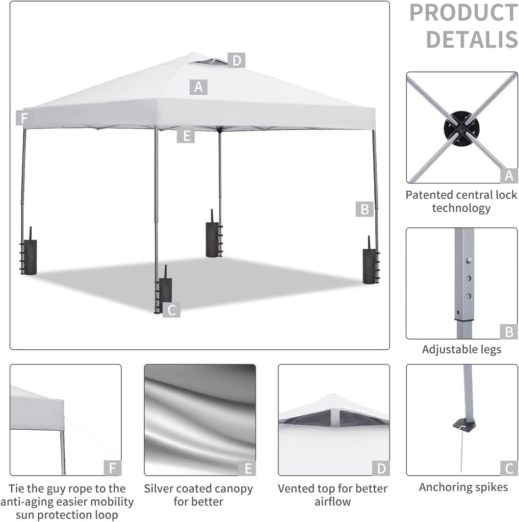 10x10 Pop Up Canopy Tent, Outdoor Gazebo with 4 Sandbags, Easy Up Canopy with 3 Adjustable Heights for Events, Parties