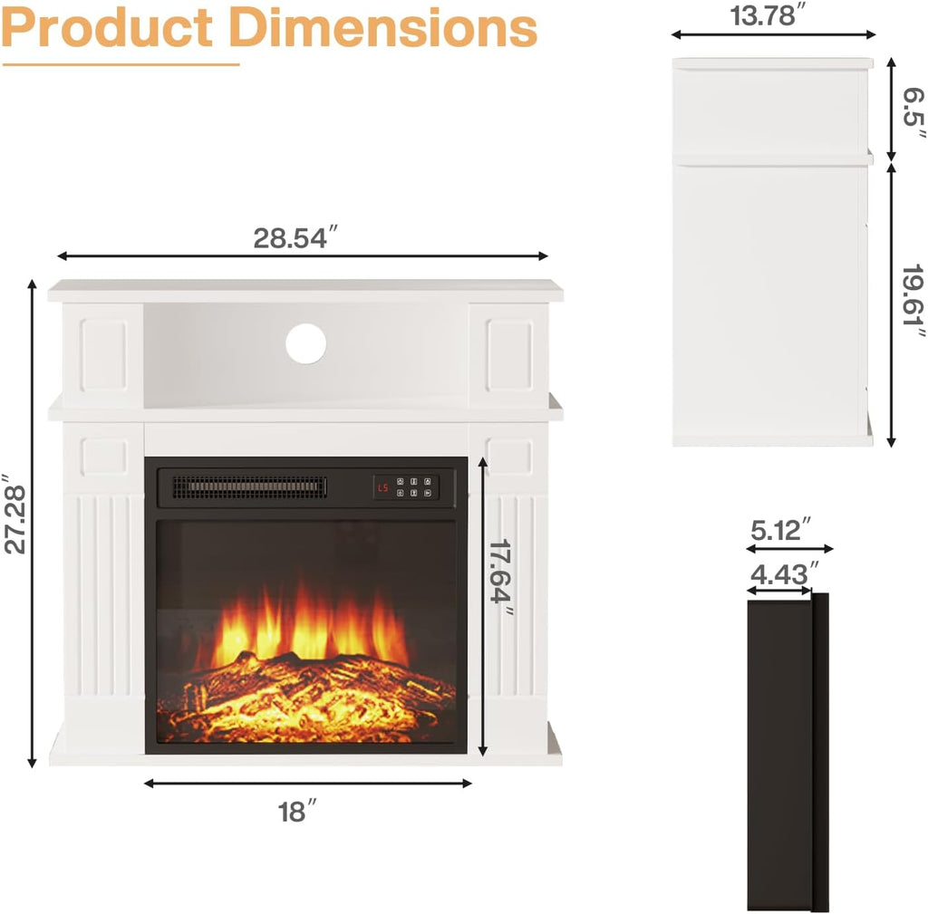 28 Inch Electric Fireplace with Mantel, Portable Freestanding Fireplace with 18 Inch Insert, 3D Realistic Flame, Shelf Storage and Remote Control, White