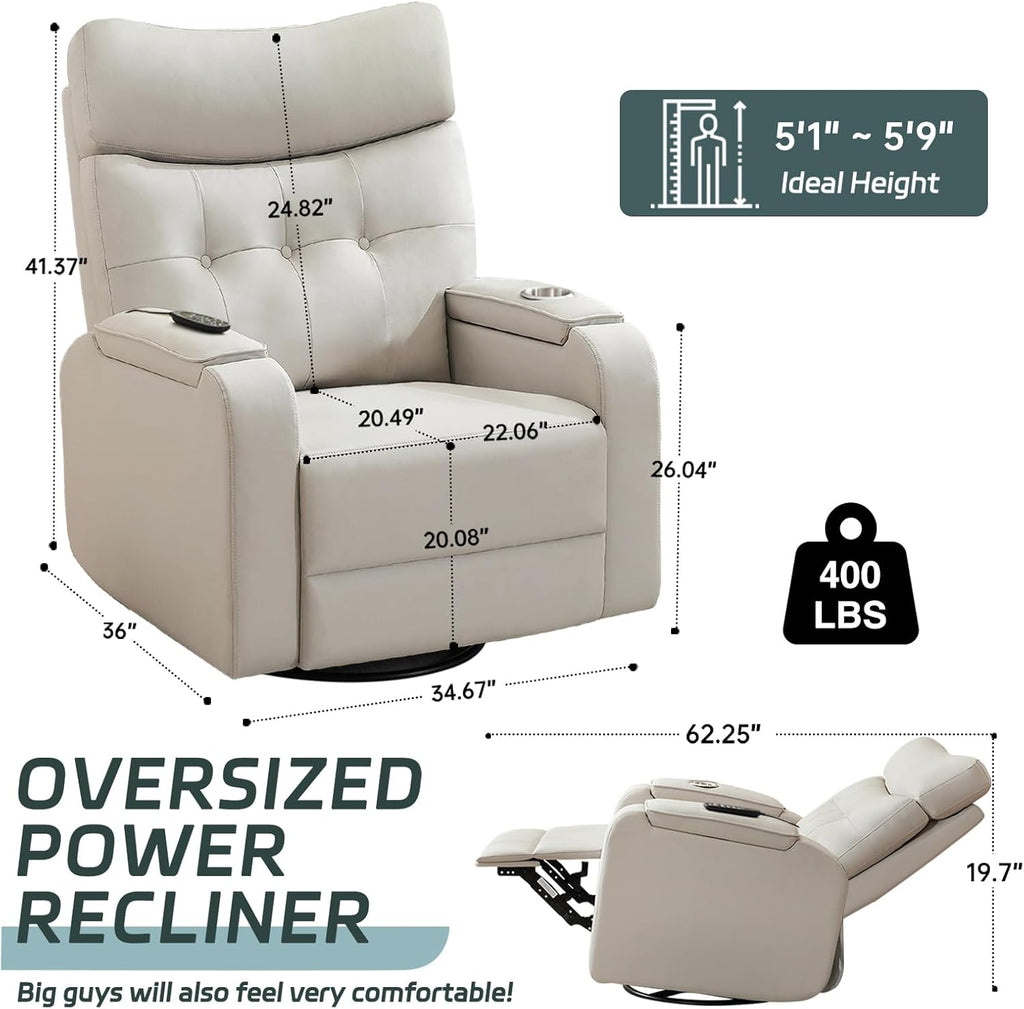 Swivel Rocker Recliner with Massage & Heat, PU Leather Rocking Recliner with Type-C Port & Timing, Oversized Power