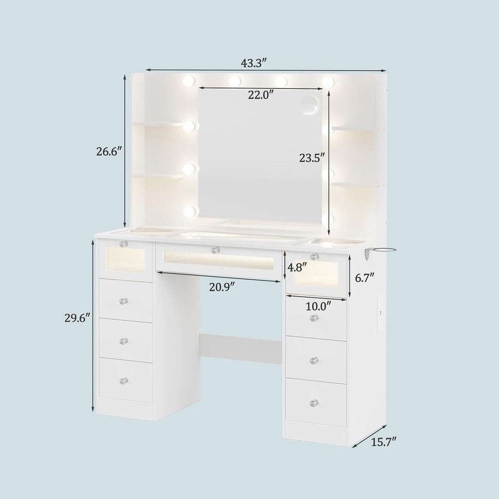 White Vanity with Lighted 23.5" Mirror, Glass Top Vanity 9 Drawers | Makeup Vanity Desk with 3 Color Hollywood Bulbs