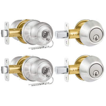 2 Pack Entry Door Lock and Single Cylinder Deadbolt Combo Set, Keyed Alike Satin Nickel Exterior Door Knobs with
