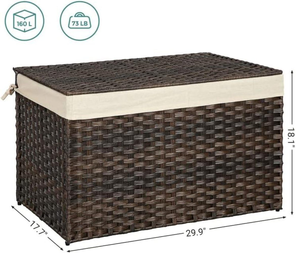Storage Basket with Lid, Woven Blanket Storage Bin with Handles, Foldable, Removable Liner, Metal Frame, Laundry