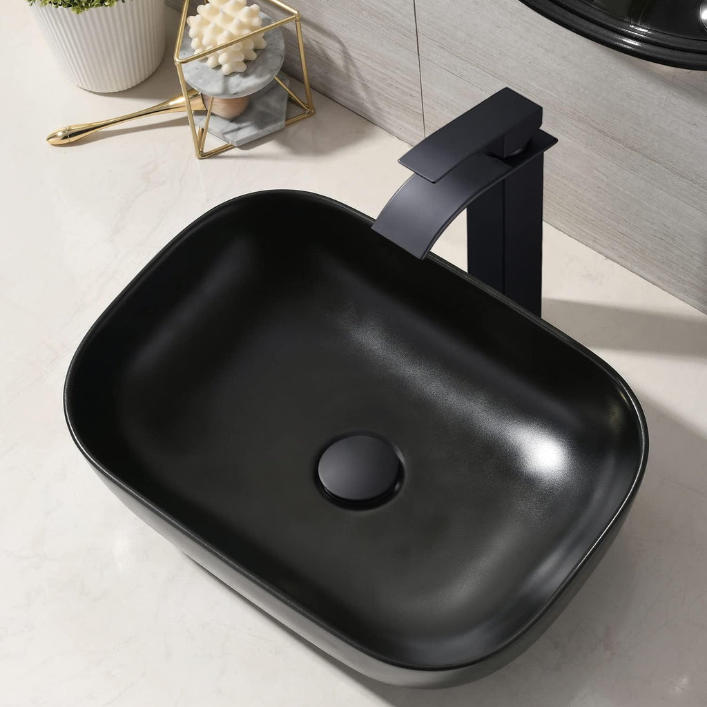 Black Vessel Sink Rectangle, 18"x13" Above Counter Porcelain Ceramic Bathroom Vessel Sink With Faucet and Drain Combo