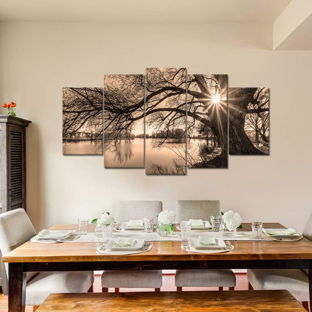 Large 5 Piece Canvas Wall Art Tree By Lake at Sunset Picture Canvas Prints Vintage Sepia Landscape Photo Painting