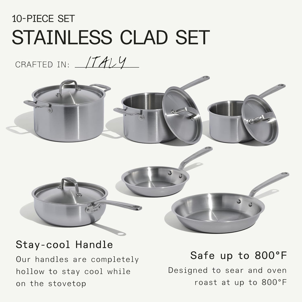 Cookware - 10 Piece Stainless Steel Pot and Pan Set - 5 Ply Clad - Includes Stainless Steel Frying Pans, Saucepans