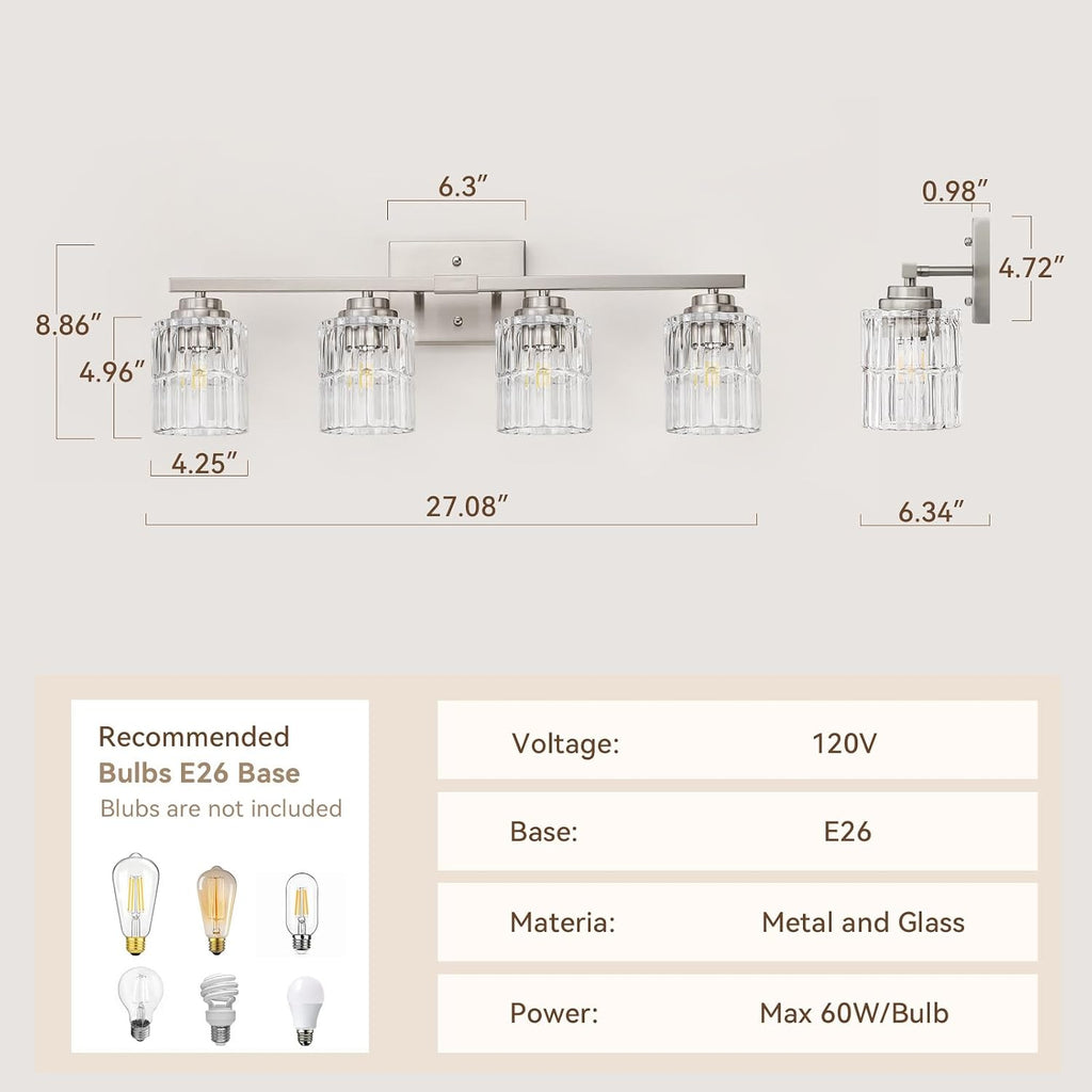 Nickel 4Light Bathroom Vanity Light with Fluted Cylinder Glass Shade | Modern Vanity Lighting Fixtures, Bathroom