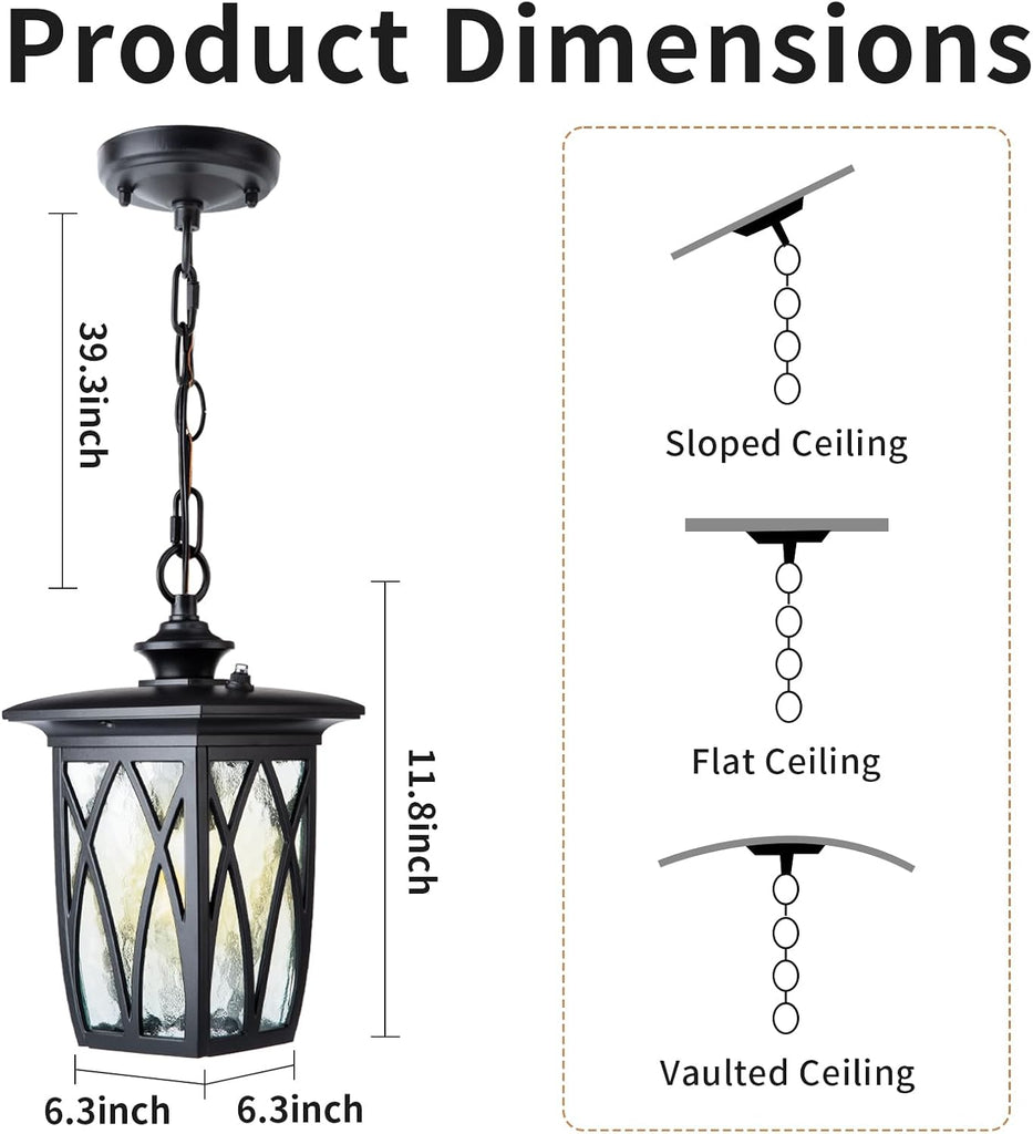 Dusk to Dawn Outdoor Pendant Lantern, 12 Inch Craftsman Style Exterior Hanging Light with Water Ripple Glass