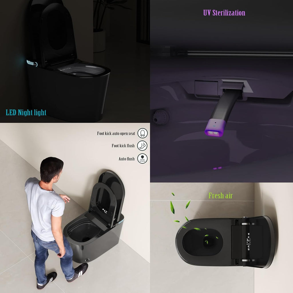 Black Smart Tankless One-Piece Toilet with Built-In Bidet, Auto Open and Close Lid, Warm Water, Warm Air Dryer, Self-Cleaning Heated Seat, Remote Control