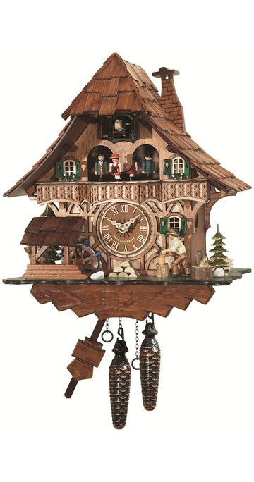 Quartz Cuckoo Clock Black Forest House with Moving Wood Chopper and Mill Wheel, with Music EN 496 QMT