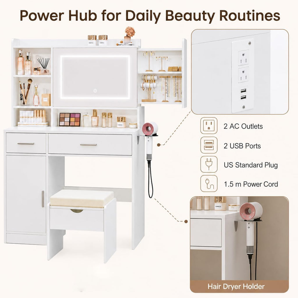 Vanity Desk with Mirror and Lights, Makeup Vanity Table with Stool, Power Outlet, USB Ports, 2 Drawers, Hidden