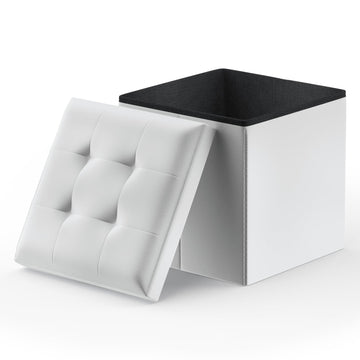 15 Inch Storage Ottoman Cube, 11 Gal. Folding Ottoman Foot Rest Stool, PU Leather Small Footrest with Storage, White