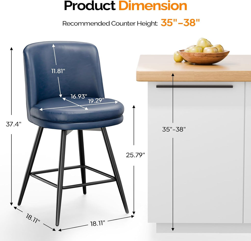 26" H Swivel Barstools Set of 1, PU Faux Leather Upholstered Counter Height Bar Stool with Back, Kitchen High Chairs