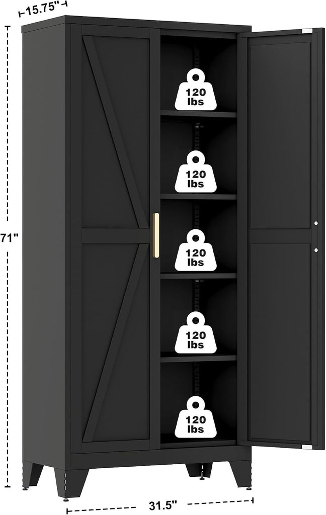 71" Metal Storage Cabinet with Doors and Shelves, Tall Pantry Cabinet in Black with 2 Doors & 4 Adjustable Shelves