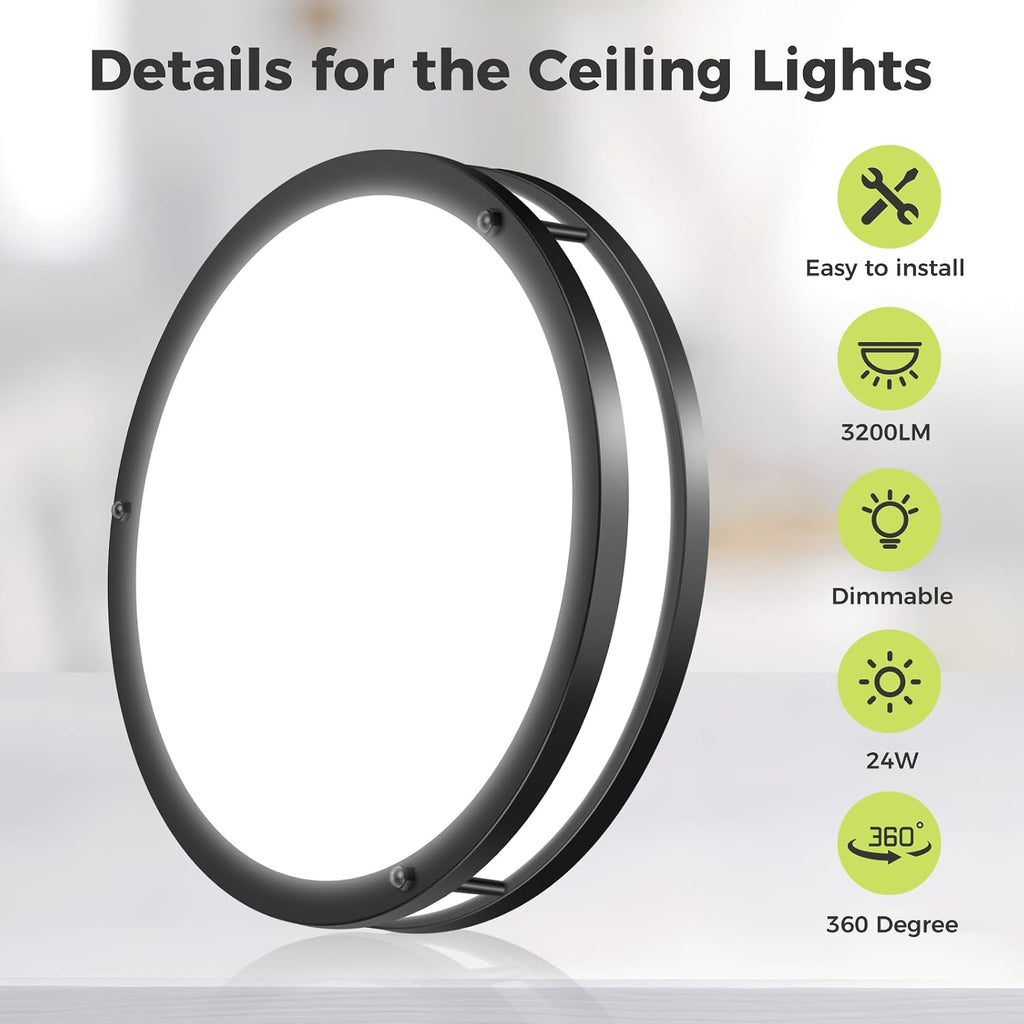 13inch Flush Mount Ceiling Light Fixture 2 Pack, Dimmable & 5 Color Temperatures Ceiling Light Black, 24W 3000K 3500K