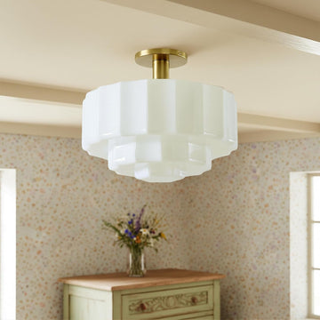 Milk Glass Ceiling Light Fixture - 13.7'' Antique Gold Semi-Flush Mount Ceiling Light for Bedroom, Foyer, Living Room