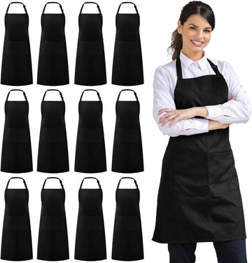 12 Pack Apron with 2 Pocket Aprons for Men Women, 100% Cotton, Black