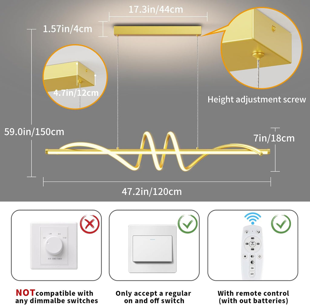 Modern LED Pendant Lights, 39in Gold Chandelier Dimmable with Remote Control 3000k-6000K Adjustable Color
