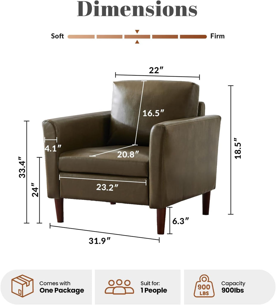 Accent Chair , Mid Century Modern Upholstered PU Leather Armchair with Rolled Arms and Deep Seat, Reading Chair and