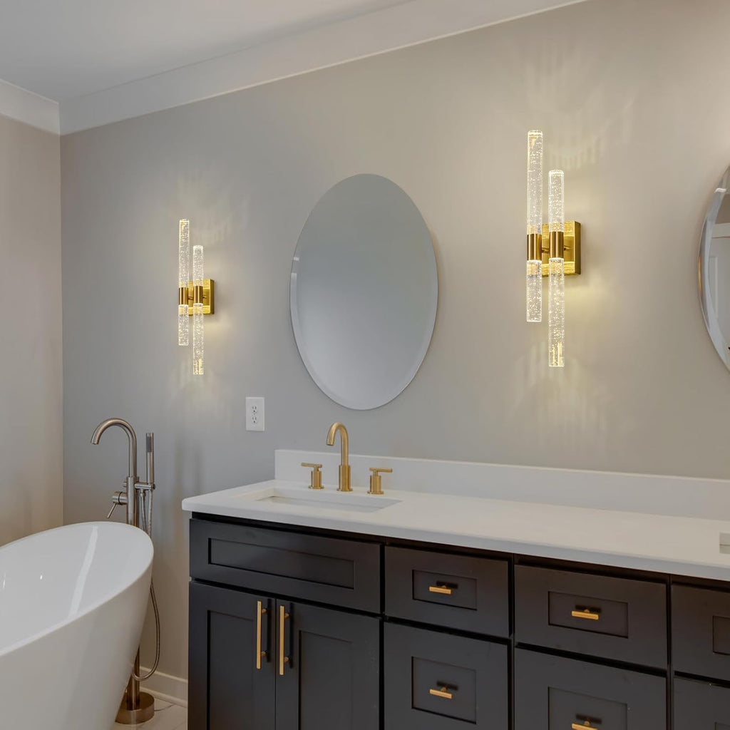 Crystal Wall Sconces Set of Two LED Bathroom Vanity Light Fixtures Gold 21.25in 4000K Vertical and Horizontal Wall